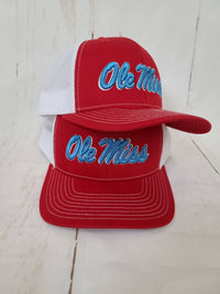 Script Ole Miss Puff Cap: Columbia Blue/White