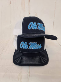 Script Ole Miss Puff Cap: Columbia Blue/White