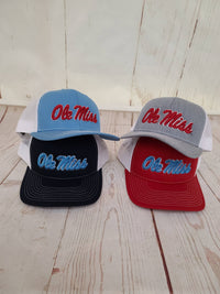 Script Ole Miss Puff Cap: Columbia Blue/White