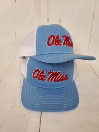 Script Ole Miss Puff Cap: Columbia Blue/White